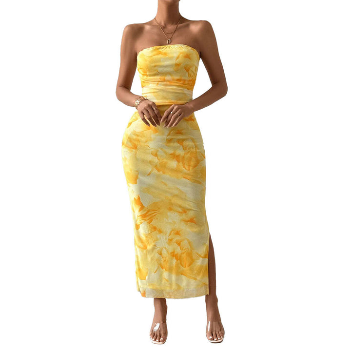 Damen Lange Hülsenmaxikleid mit Bandeau-Ausschnitt und hohem Schlitz Drune
