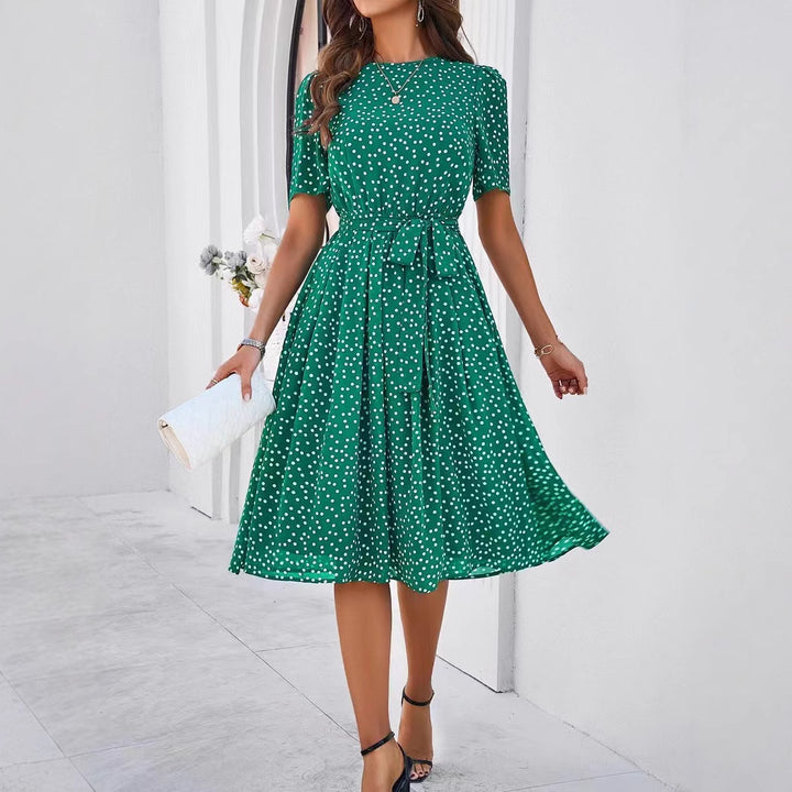 Damen Midikleid mit elegantem Punktedesign und Taillengürtel Drune