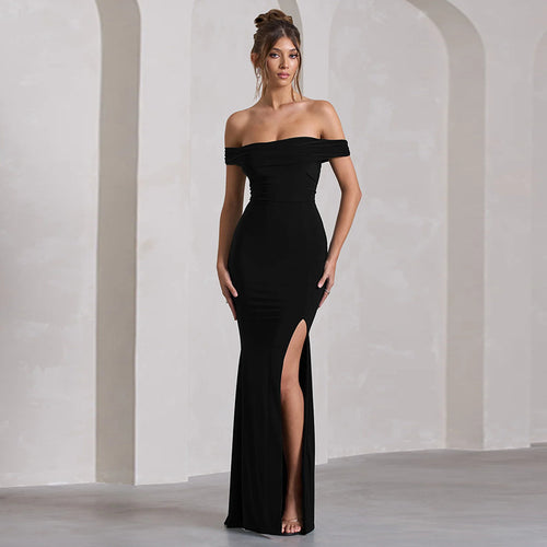 Damen Maxi-Kleid mit schulterfreiem Design und elegantem Schlitz Drune