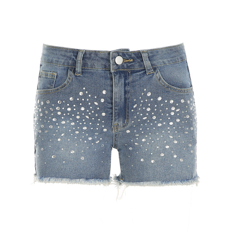 Damen Designer-Shorts mit funkelnden Strass-Steinen und fransigem Saum Drune