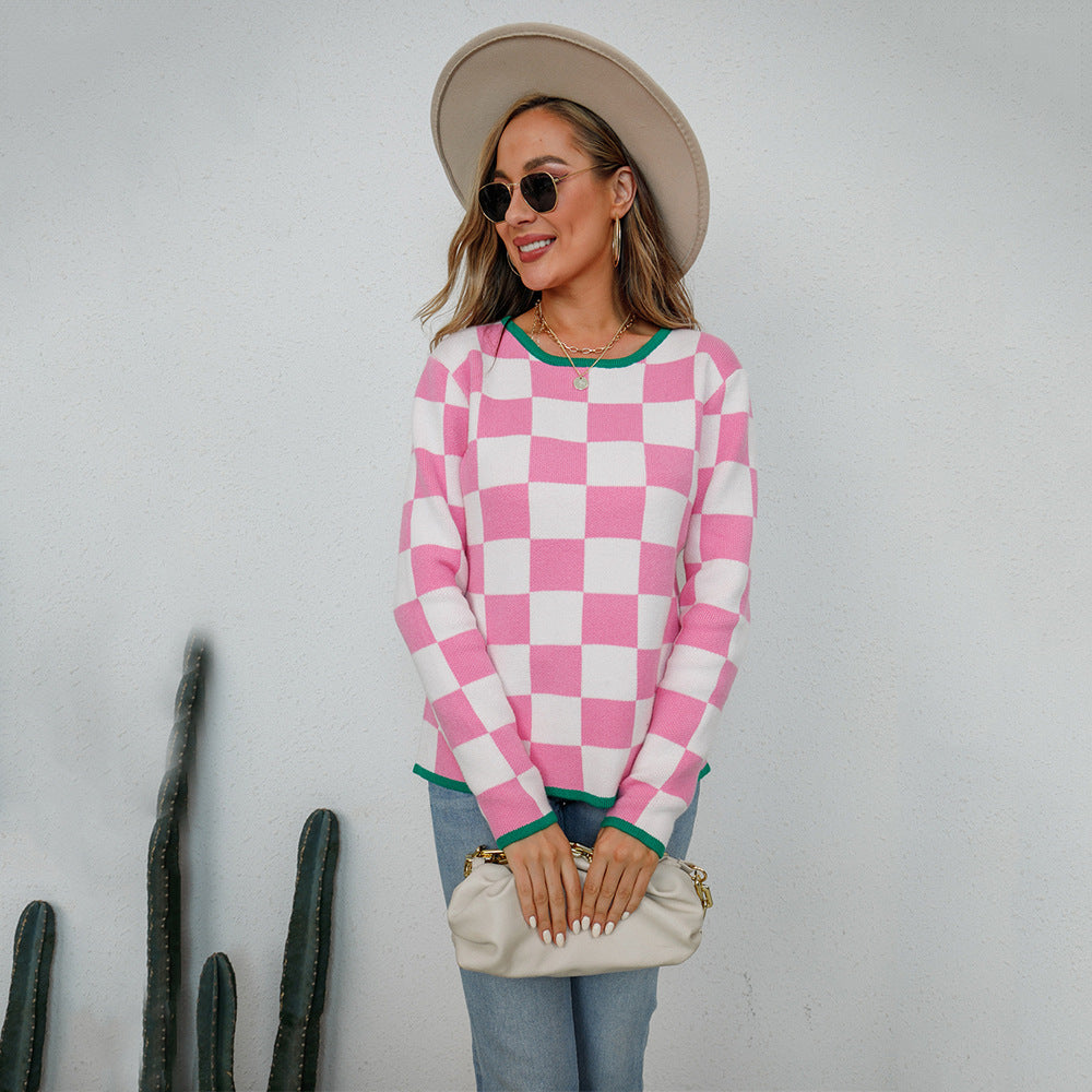 Damen lässiger Pullover mit Checkerboard-Muster Drune