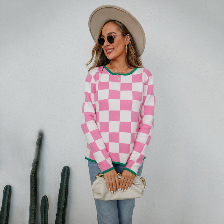 Damen lässiger Pullover mit Checkerboard-Muster Drune