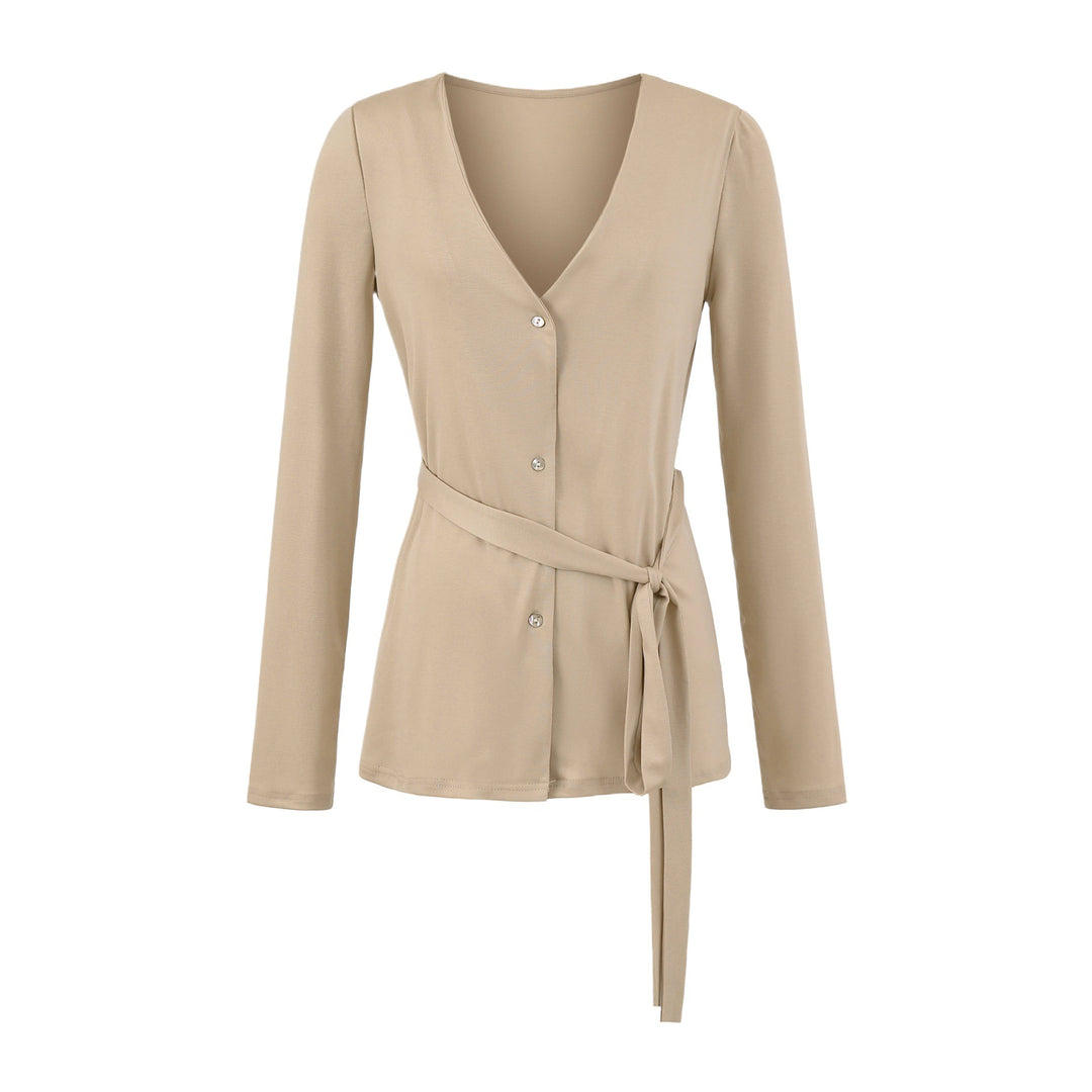Damen elegante Strickjacke mit Taillengürtel und stilvollen Knopfdetails Drune