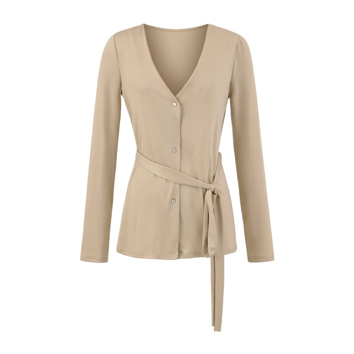 Damen elegante Strickjacke mit Taillengürtel und stilvollen Knopfdetails Drune