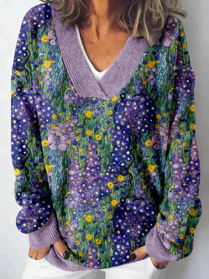 Damen V-Ausschnitt Pullover mit floralem Muster und lässigem Schnitt Drune