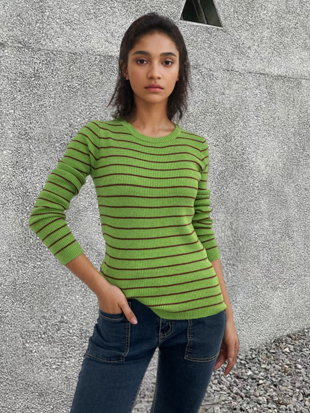 Damen Rippenpullover mit gestreiftem Design und verlängerten Ärmeln Drune