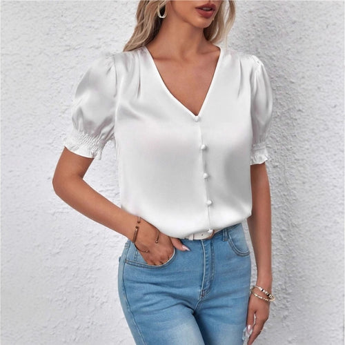Damen Satinbluse mit Puffärmeln und eleganter Knopfleiste Drune