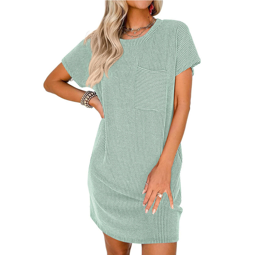 Damen lässiges Kurzarm-Kleid mit gestreiftem Design und praktischer Tasche Drune