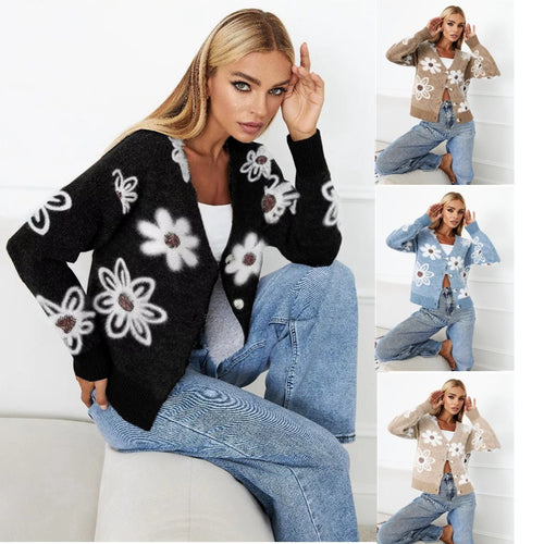 Damen Strickjacke mit floralem Design und Knopfdetails Drune