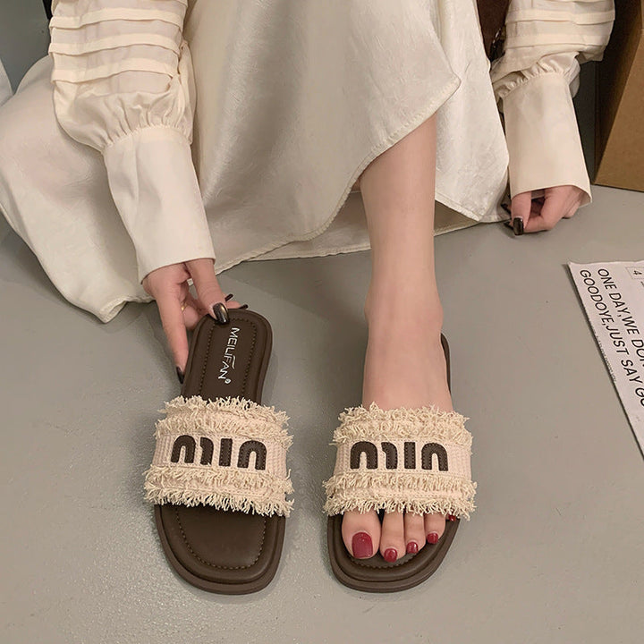 Damen bequeme Slide-Sandalen mit modischem Textiloberteil und stylischen Riemen Drune