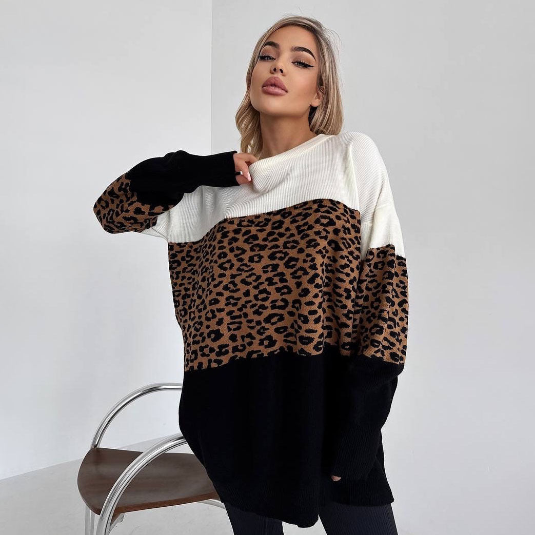 Damen modischer Oversized-Pullover mit animalischem Muster und kreativen Farbblockdetails Drune