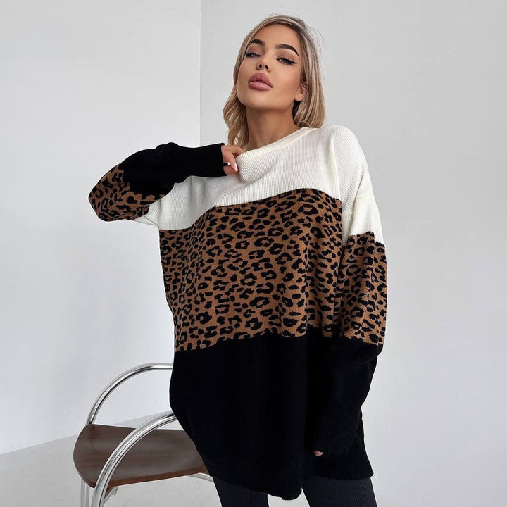 Damen modischer Oversized-Pullover mit animalischem Muster und kreativen Farbblockdetails Drune