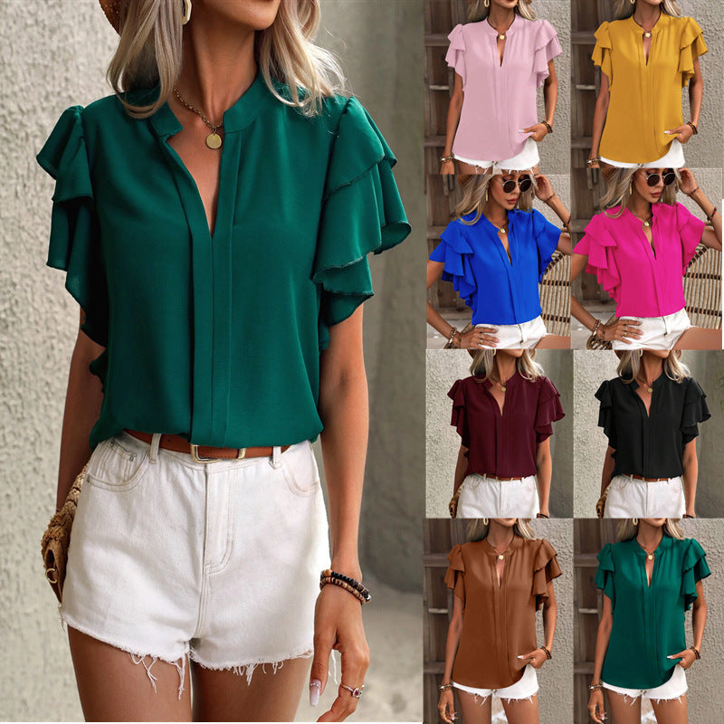 Damen Bluse mit Volants und V-Ausschnitt Drune