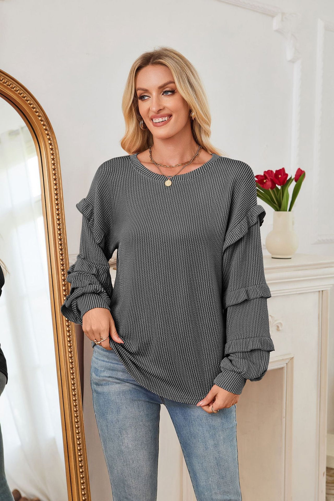 Damen lässiges Sweatshirt mit Rüschendetails und strukturierter Oberflächenoptik Drune
