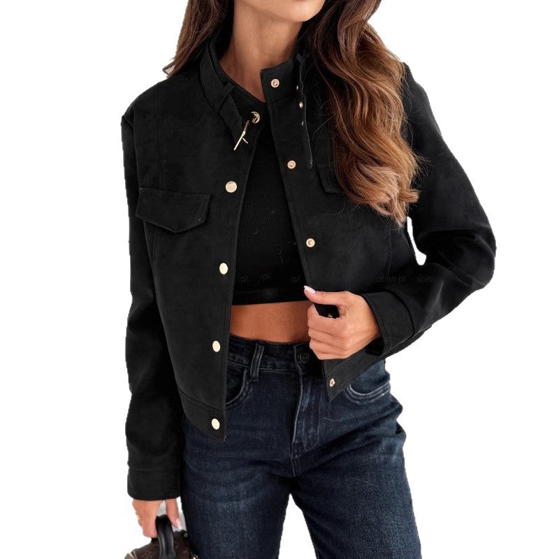 Damen elegante Jacke aus weichem Wildleder mit Knopfdetails Drune