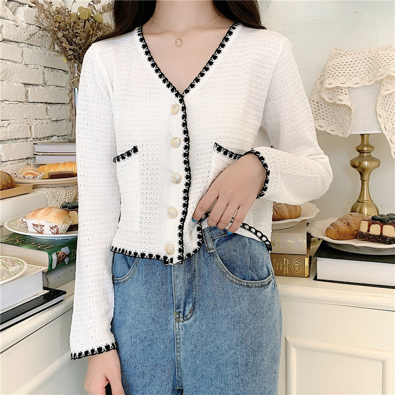 Damen modische Strickjacke mit kontrastierenden Details und Knopfleiste Drune