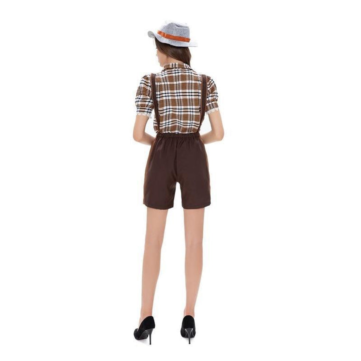 Damen nan kurze Trachten-Latzhose mit gesticktem Hirschmotiv, verstellbaren Trägern und Spitzenbordüre Drune