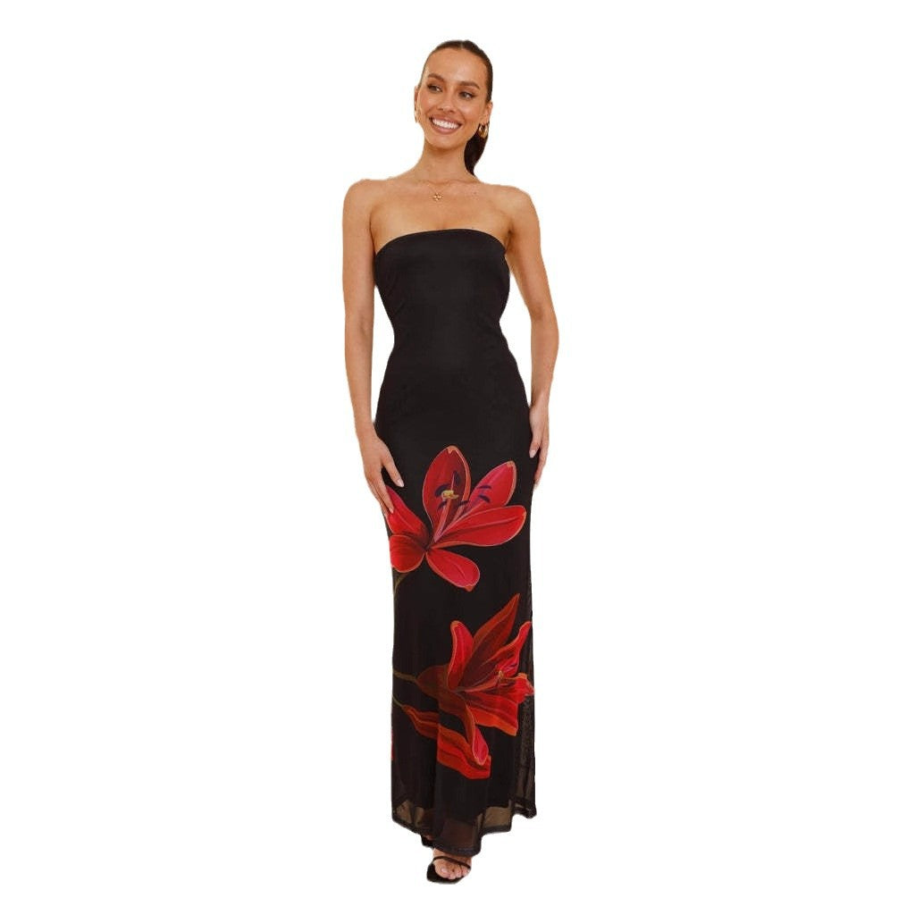Damen Maxikleid mit schicker Blumendekoration und strapless Design Drune