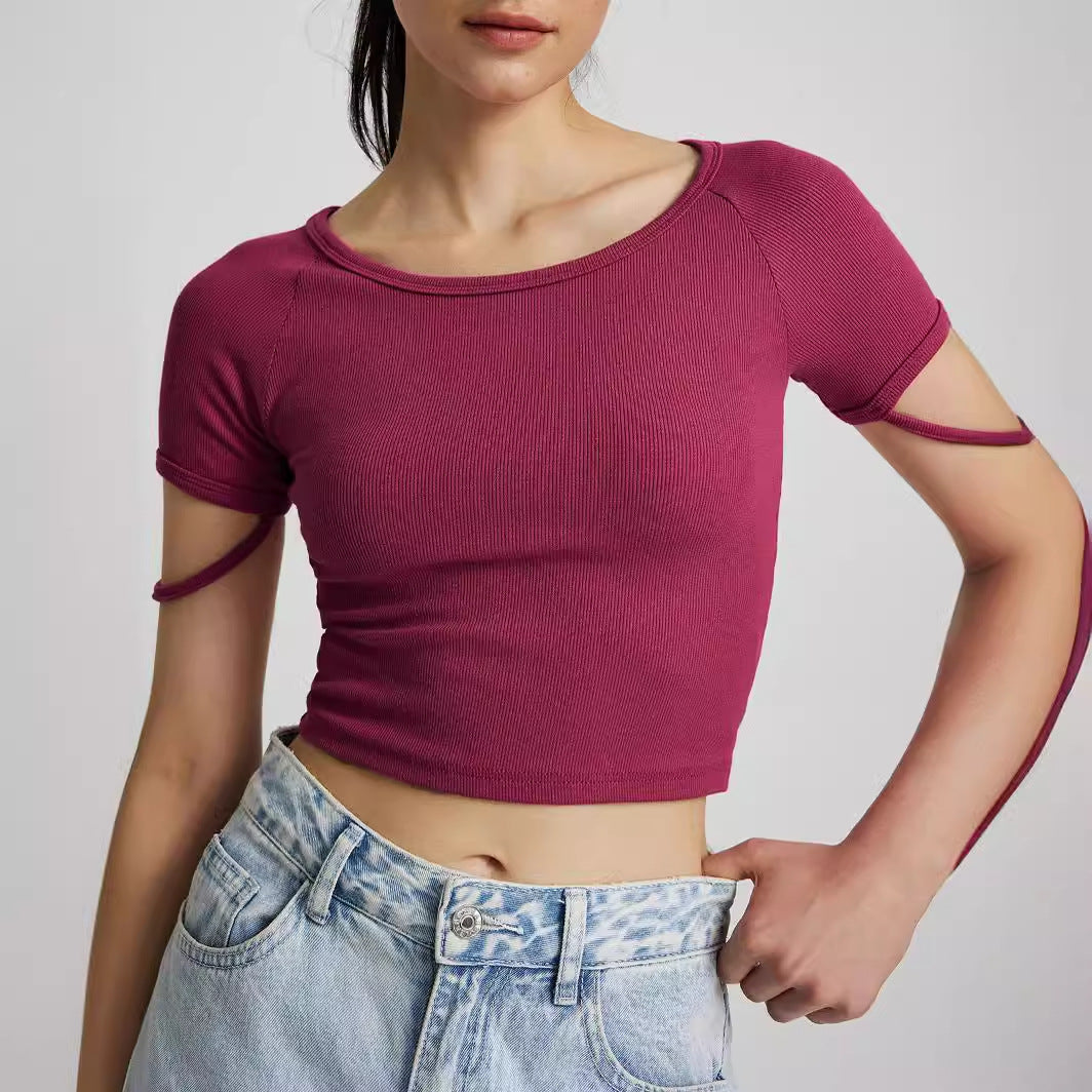 Damen kurzärmliges enganliegendes Crop-Top mit Rundhalsausschnitt Drune
