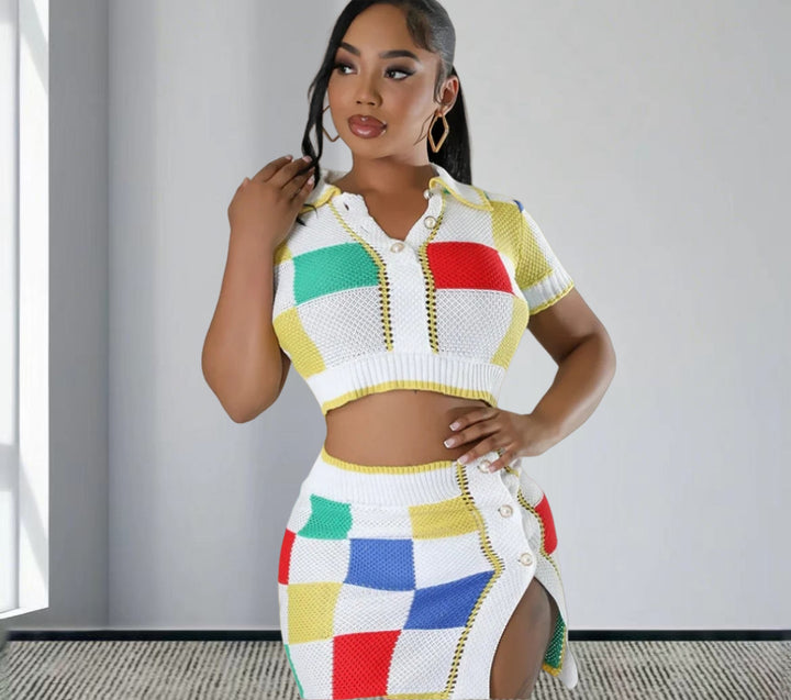 Damen Set aus modischem Crop-Top und figurbetonendem Rock mit Knopfdetails Drune