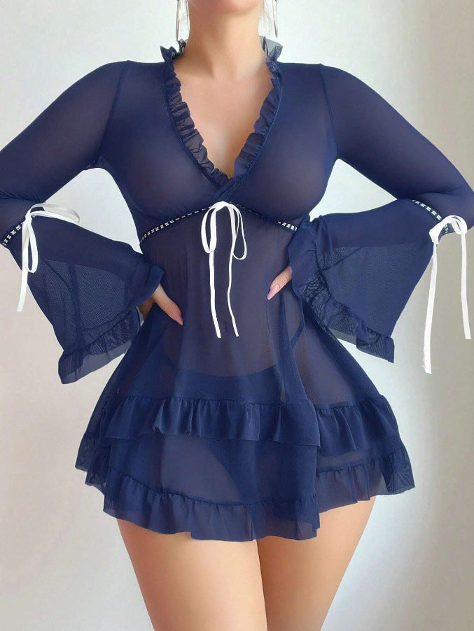 Damen transparentes Strandkleid mit voluminösen Rüschen und langen Ärmeln Drune