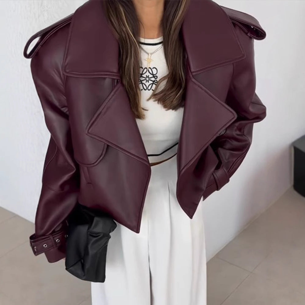 Damen modische Kunstlederjacke mit oversized Schnitt und breitem Kragen Drune