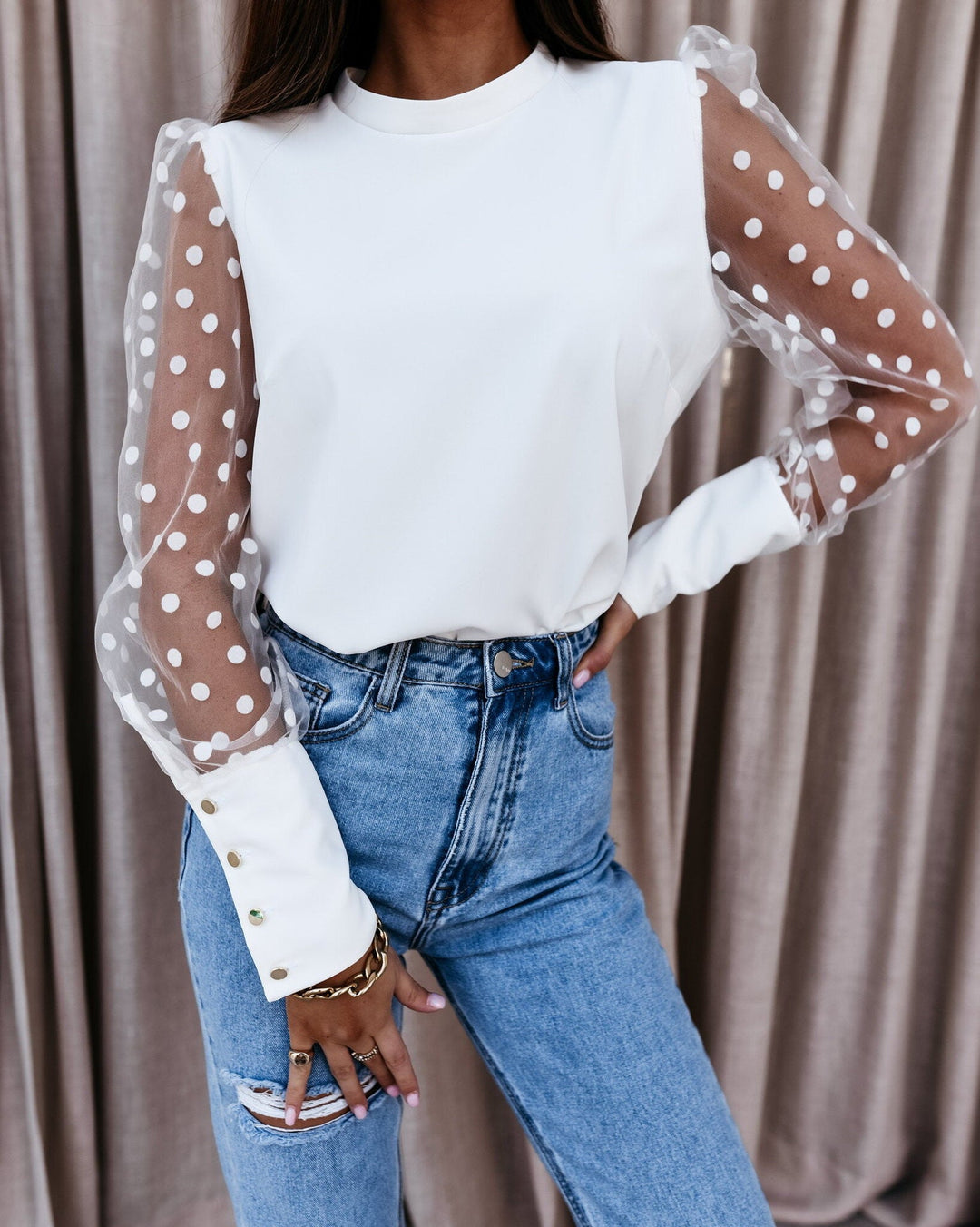 Damen Elegante Bluse mit transparenten Puffärmeln und Punkten Drune