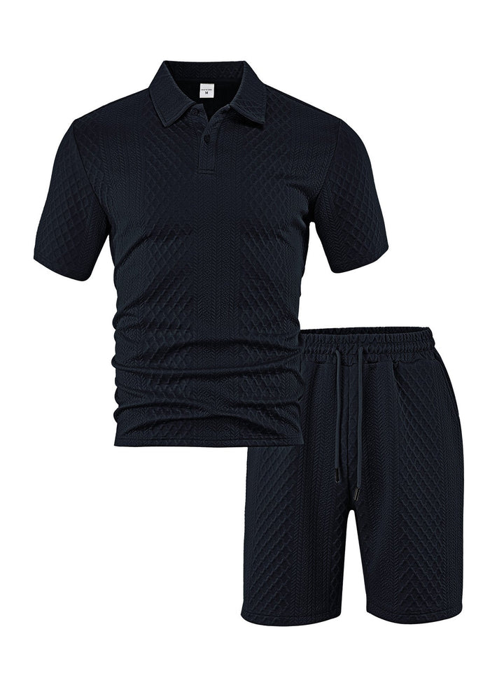 Herren nan eleganter Freizeit-Zweiteiler aus geprägtem Strick mit Polokragen Kurzarmshirt und Tunnelzug-Bermuda Drune