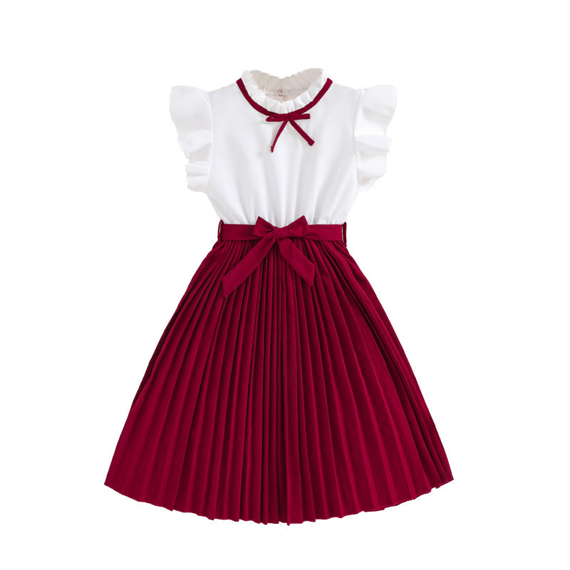 Mädchen Faltenrockkleid mit Puffärmeln und Taillenknoten Drune