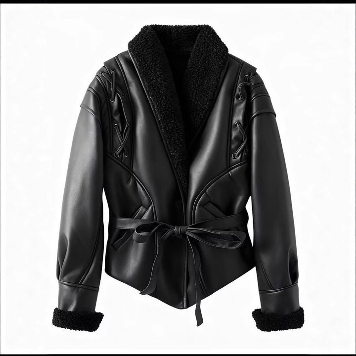 Damen trendige Kunstlederjacke mit flauschigem Innenfutter und Bindegürtel Drune