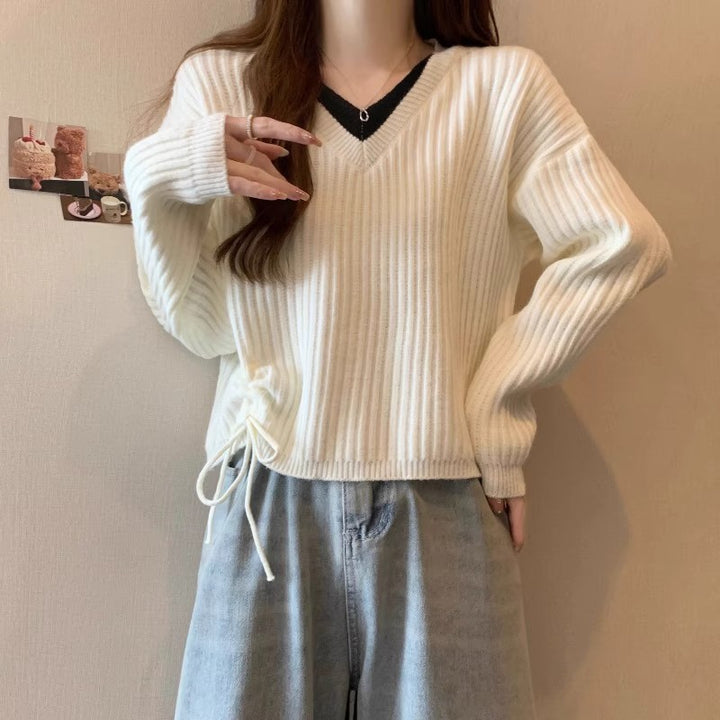 Damen lässiger V-Ausschnitt Pullover mit Rippstruktur und modischen Seitenschnüren Drune