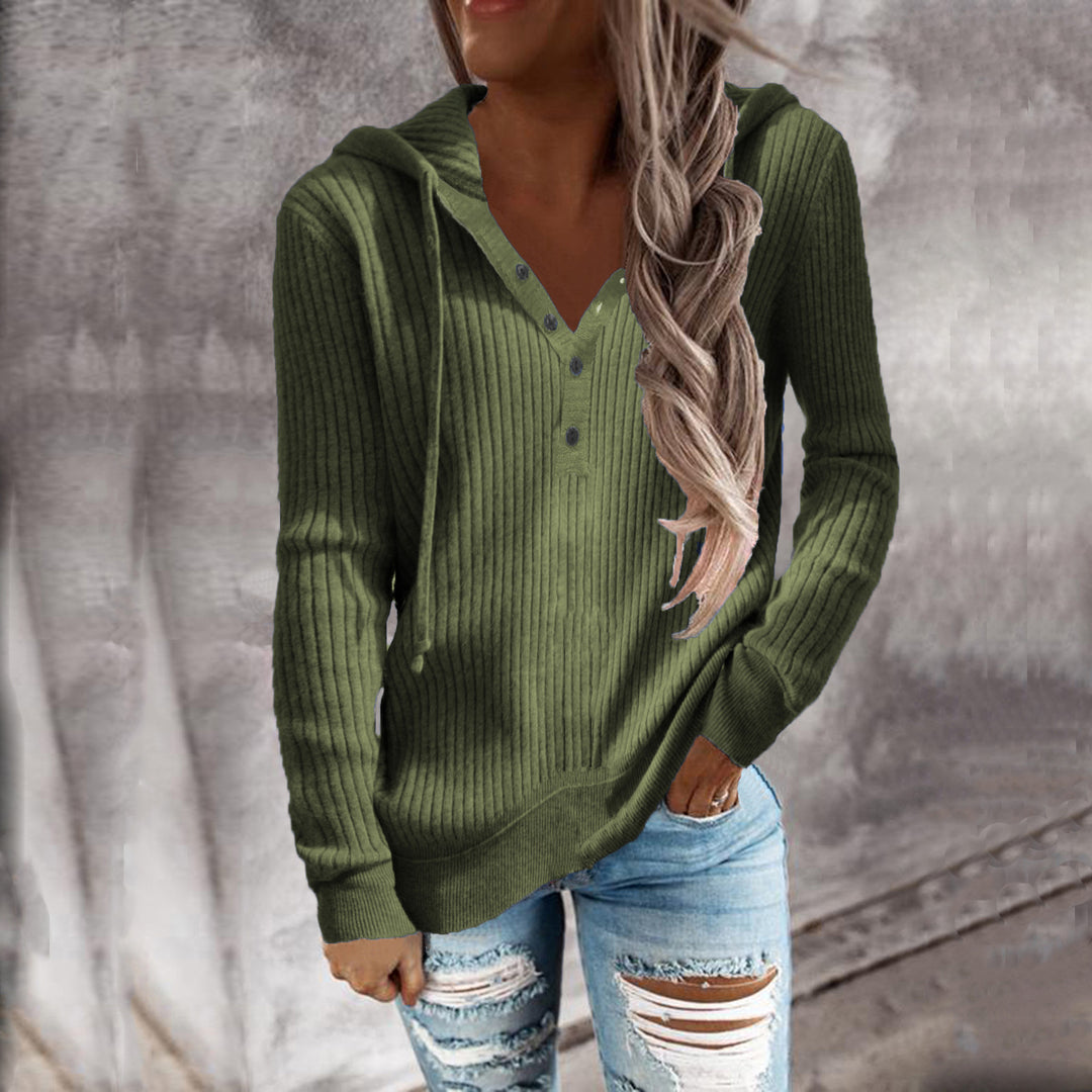 Damen Bequeme gestreifte Kapuzenpullover mit Knopfleiste Drune