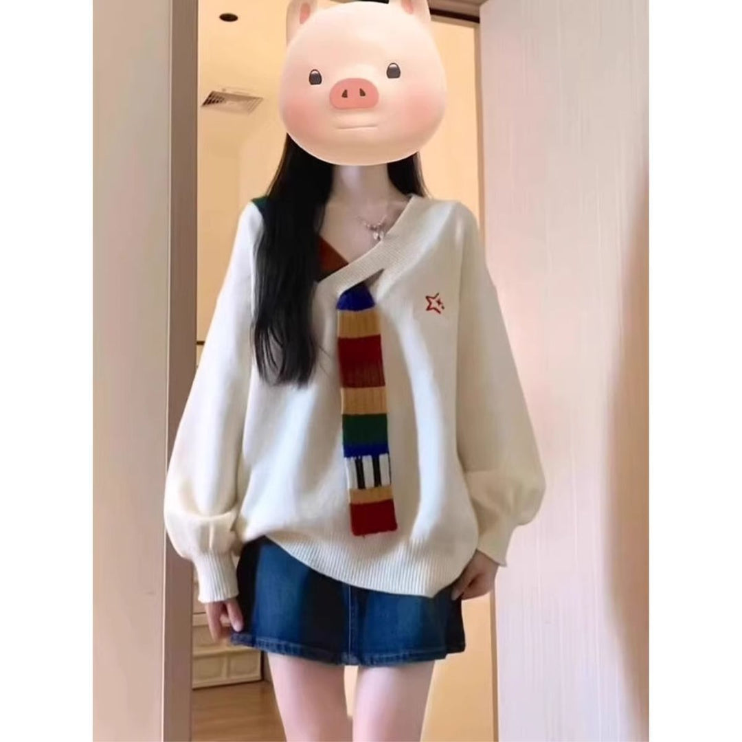 Damen Modischer Pullover mit V-Ausschnitt und bunten Streifen Drune
