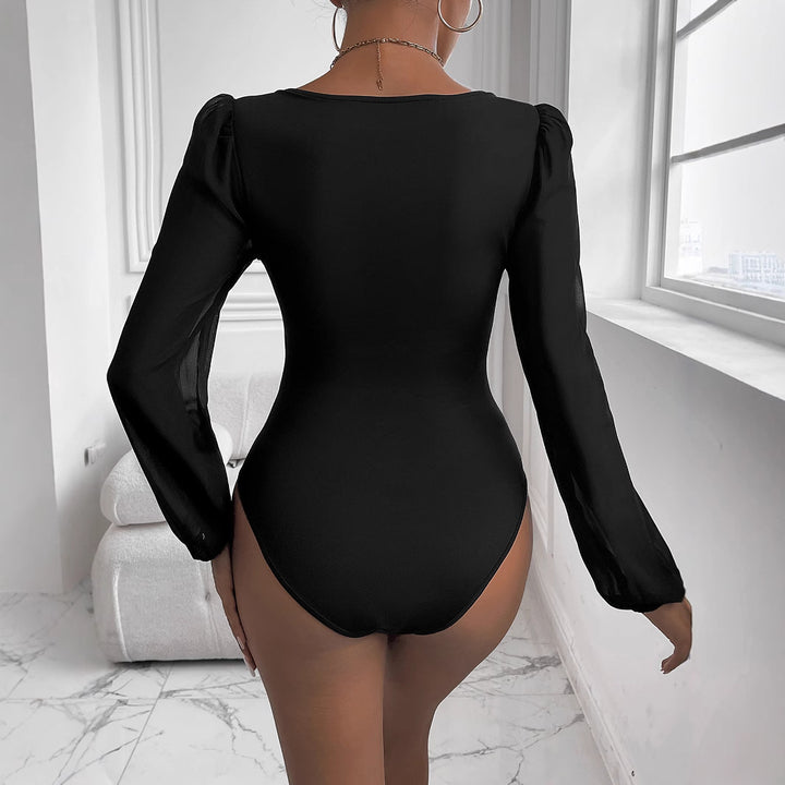 Damen Body mit tiefem V-Ausschnitt und transparenten Puffärmeln Drune