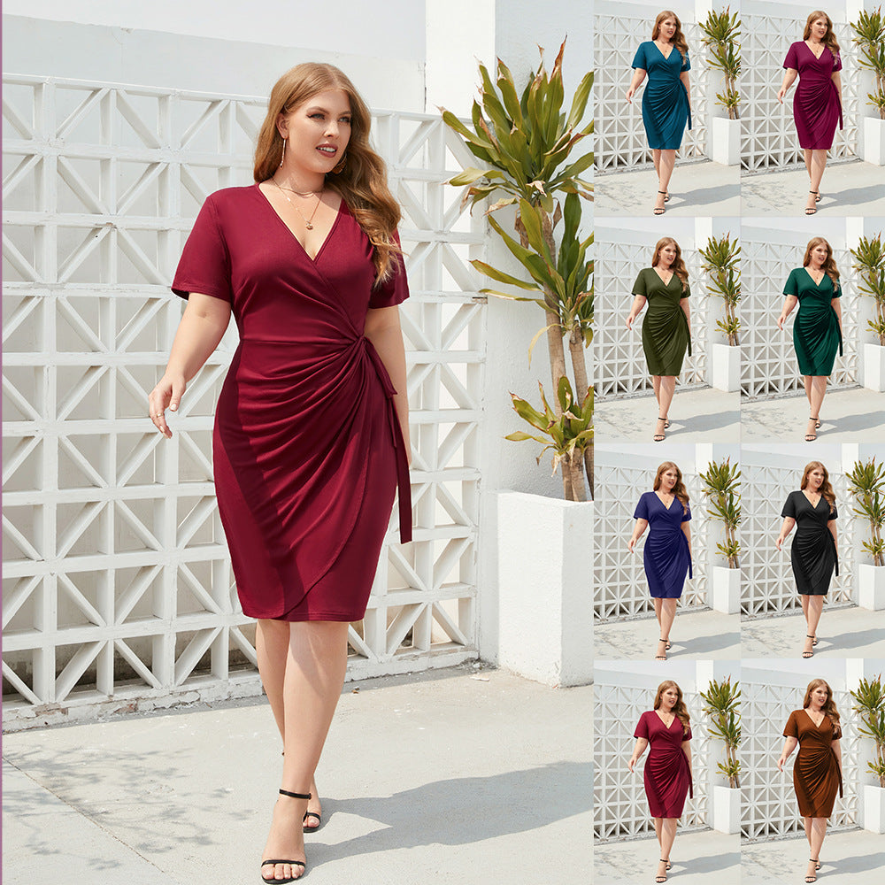 Damen Figurbetontes Wickelkleid mit kurzen Ärmeln und V-Ausschnitt Drune
