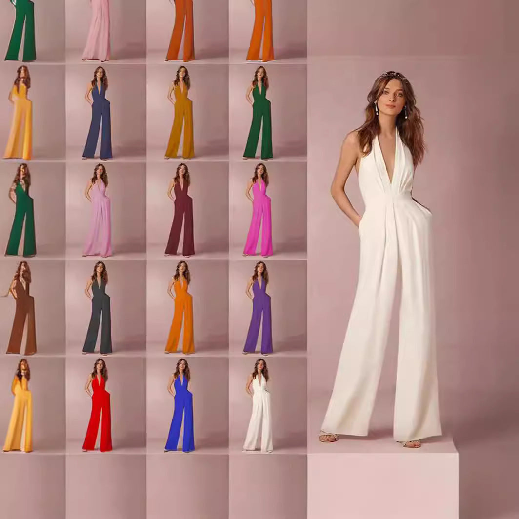 Damen Eleganter Jumpsuit mit tiefem V-Ausschnitt und weitem Bein Drune
