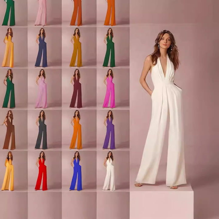 Damen Eleganter Jumpsuit mit tiefem V-Ausschnitt und weitem Bein Drune