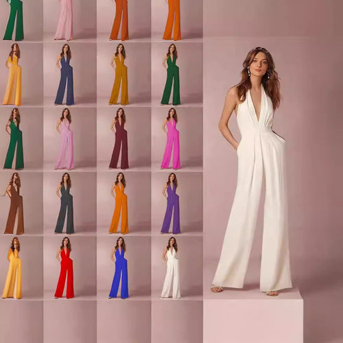 Damen Eleganter Jumpsuit mit tiefem V-Ausschnitt und weitem Bein Drune
