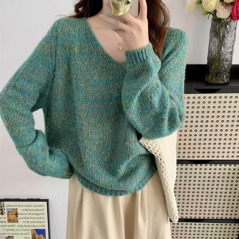 Damen leichter Strickpullover mit V-Ausschnitt und voluminösen Ärmeln Drune