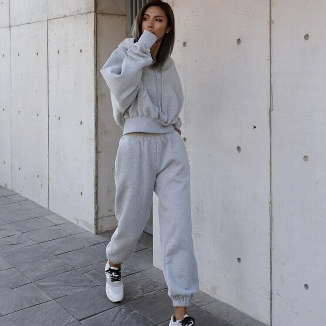 Damen lässiger Kapuzenpullover mit hohem Bund und bequemen Jogginghosen Drune