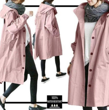 Damen nan leichter oversized Regenmantel mit Kapuze und verdeckter Knopfleiste Drune