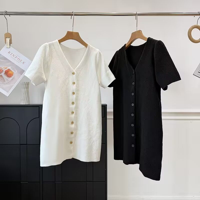 Damen Knopf-Down Kleid mit V-Ausschnitt und kurzen Ärmeln Drune