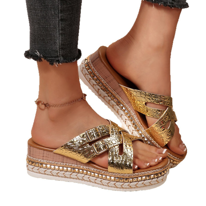 Damen Wedge-Pantoletten mit elegantem Kroko-Design und verstellbaren Riemen Drune