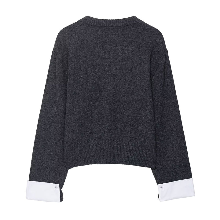 Damen modische Strickjacke mit kontrastierenden Ärmeln und durchgehender Knopfleiste Drune