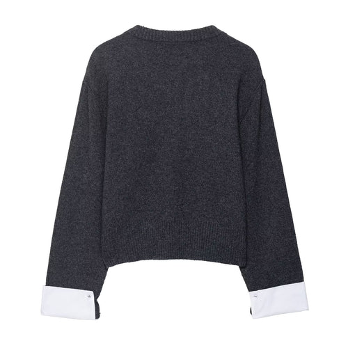 Damen modische Strickjacke mit kontrastierenden Ärmeln und durchgehender Knopfleiste Drune