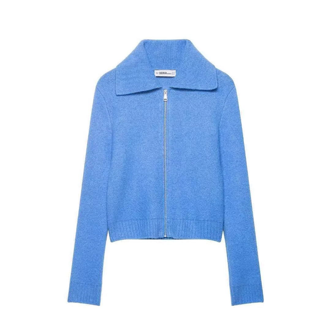 Damen nan kurz geschnittene Strickjacke mit Reißverschluss, breitem Umlegekragen und Rippbund Drune