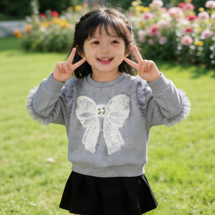 Mädchen Sweatshirt mit Rüschendetails und dekorativem Schleifenmotiv Drune