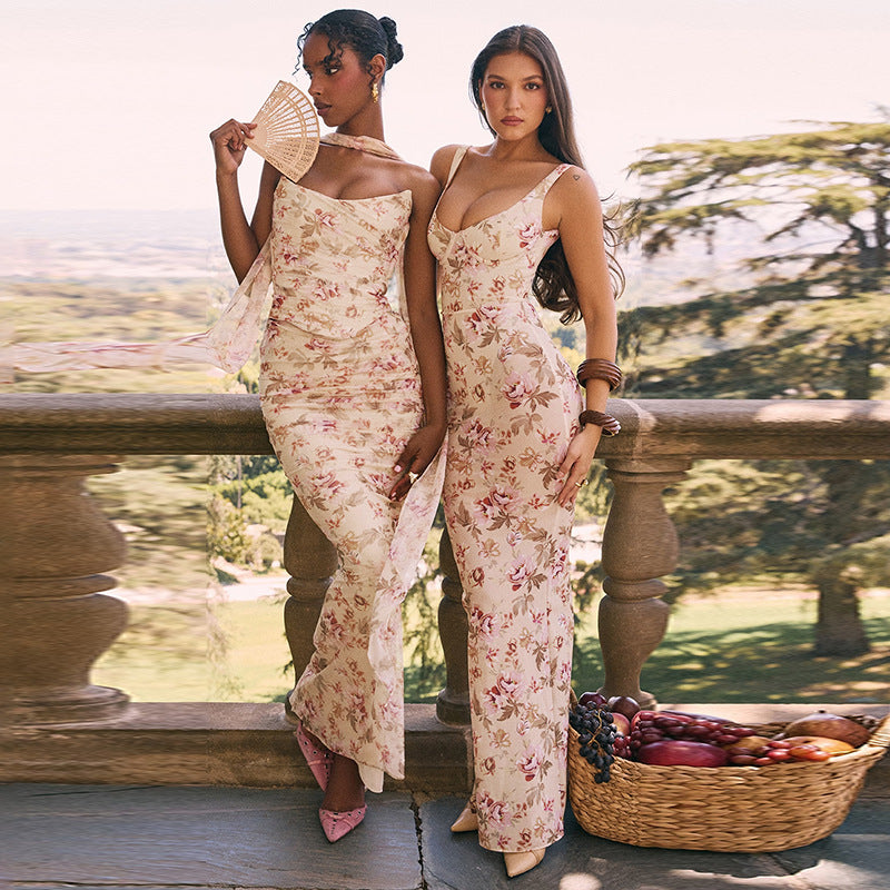 Damen Figurbetontes Maxikleid mit floralem Design und raffinierten Trägern Drune