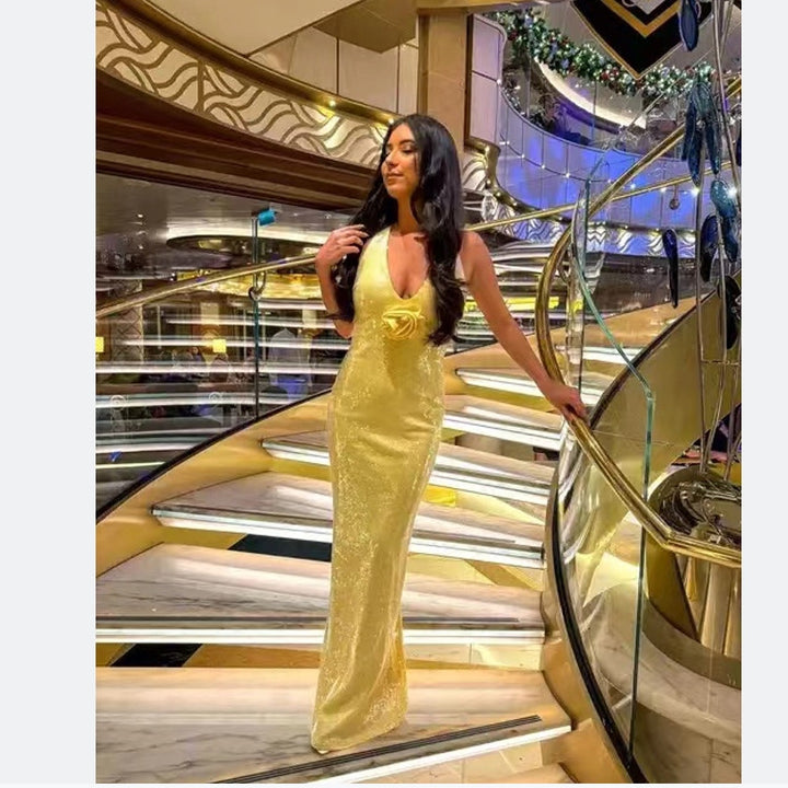 Damen Glamouröses Pailletten-Abendkleid mit tiefem Ausschnitt und eleganter Silhouette Drune