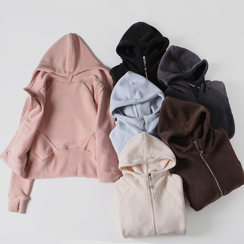 Damen kuschelige Kapuzenjacke mit hohem Kragen und praktischen Taschen Drune